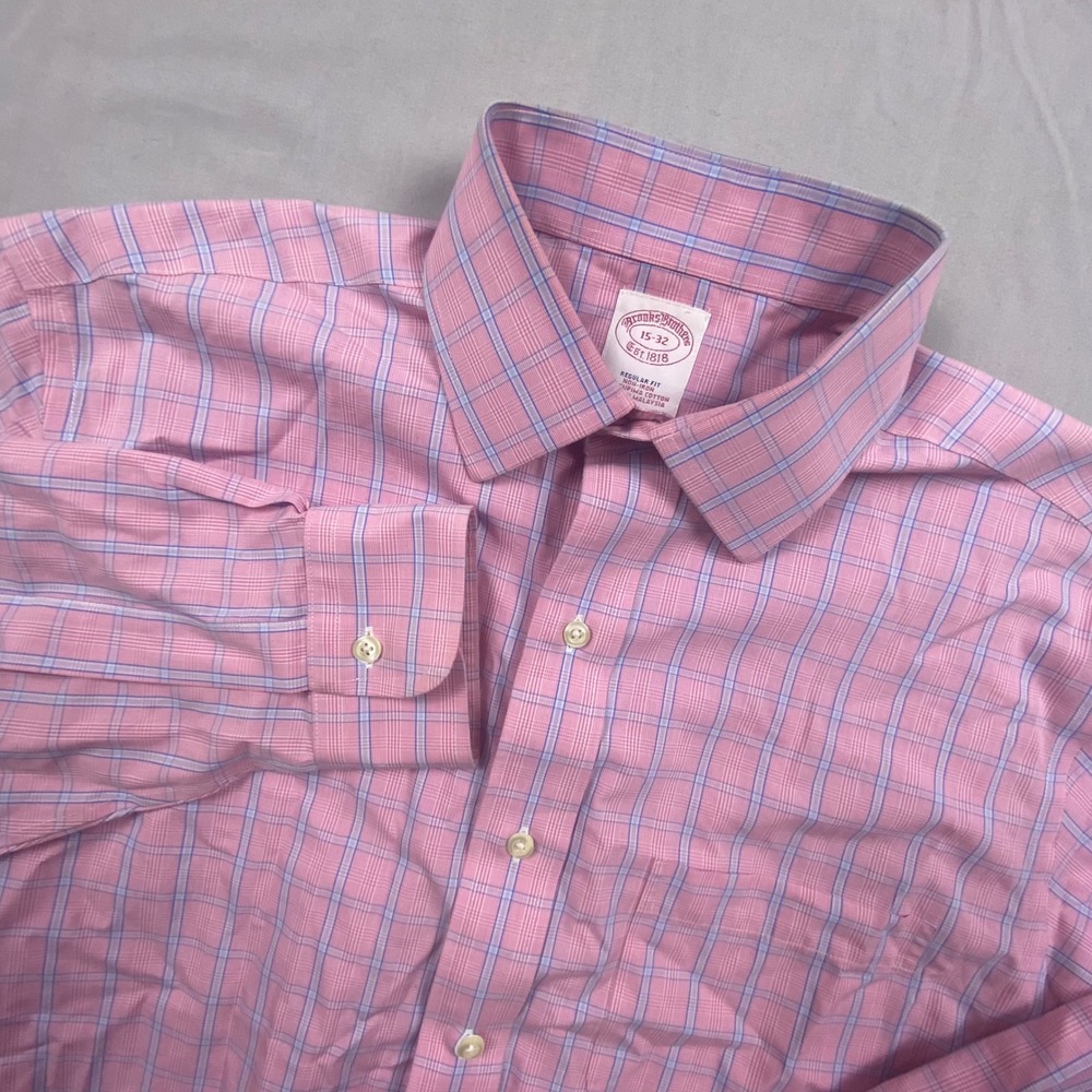 Brooks Brothers Non Iron Dress Shirt Mens 15 32‎ Supima Cotton Pink Blue Plaid